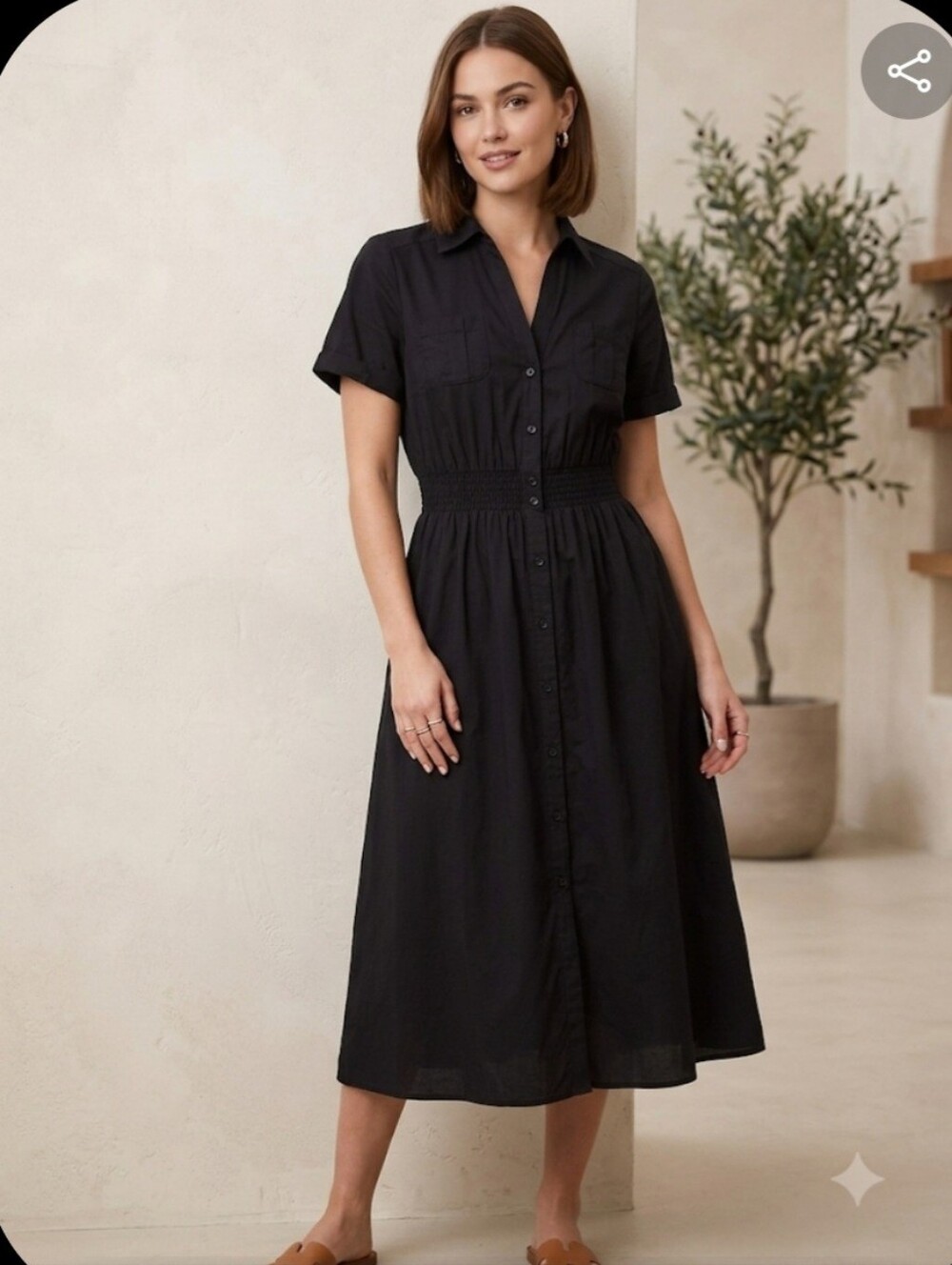 H&M Dark Navy Button-Front Midi Dress